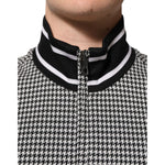 Dolce & Gabbana Black White Houndstooth Wool Crest Jacket Sweater with zip closure and bold houndstooth pattern.