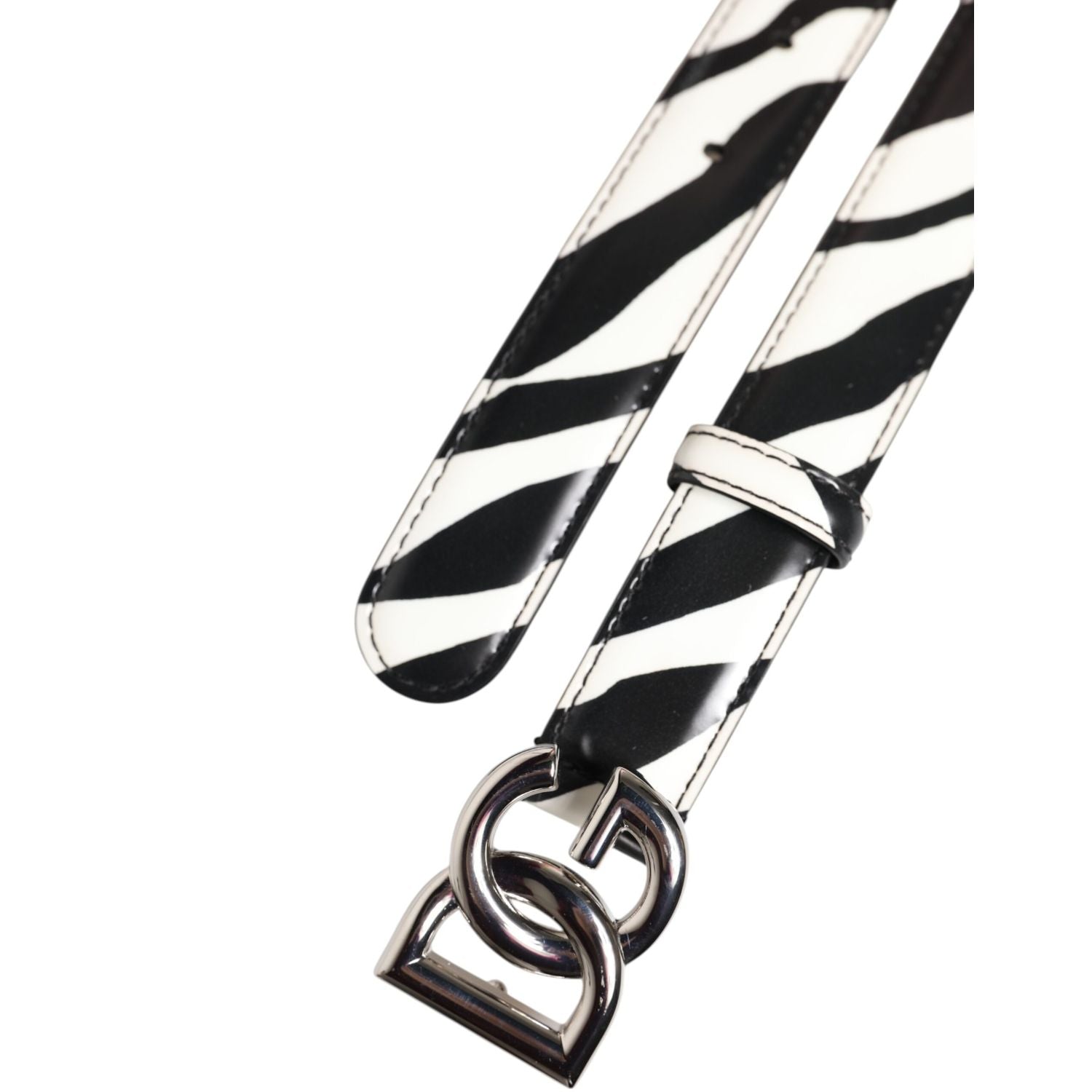 Dolce & Gabbana Black White Leather Silver Metal Buckle Belt