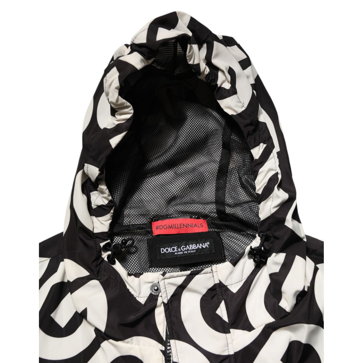 Dolce & Gabbana Black White Logo Print Hooded Coat Men Jacket