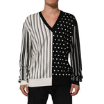 Dolce & Gabbana Black White Stripe Polka V-Neck Pullover Sweater on model, stylish and elegant, premium silk material.