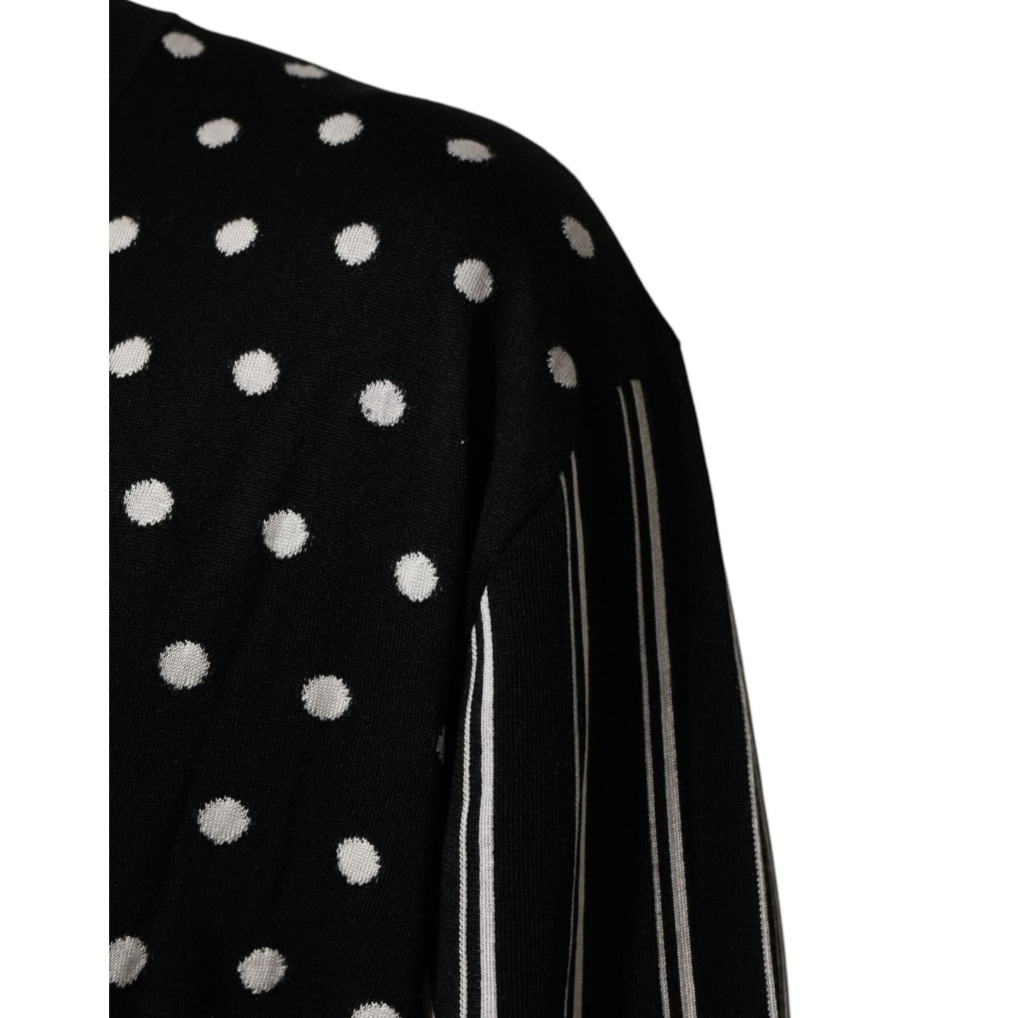 Dolce & Gabbana Black White Stripe Polka V-Neck Pullover Sweater detail showing polka dot and stripe pattern.
