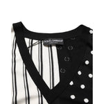 Dolce & Gabbana Black White Stripe Polka V-Neck Pullover Sweater with logo detail, showcasing elegant stripes and playful polka dots.