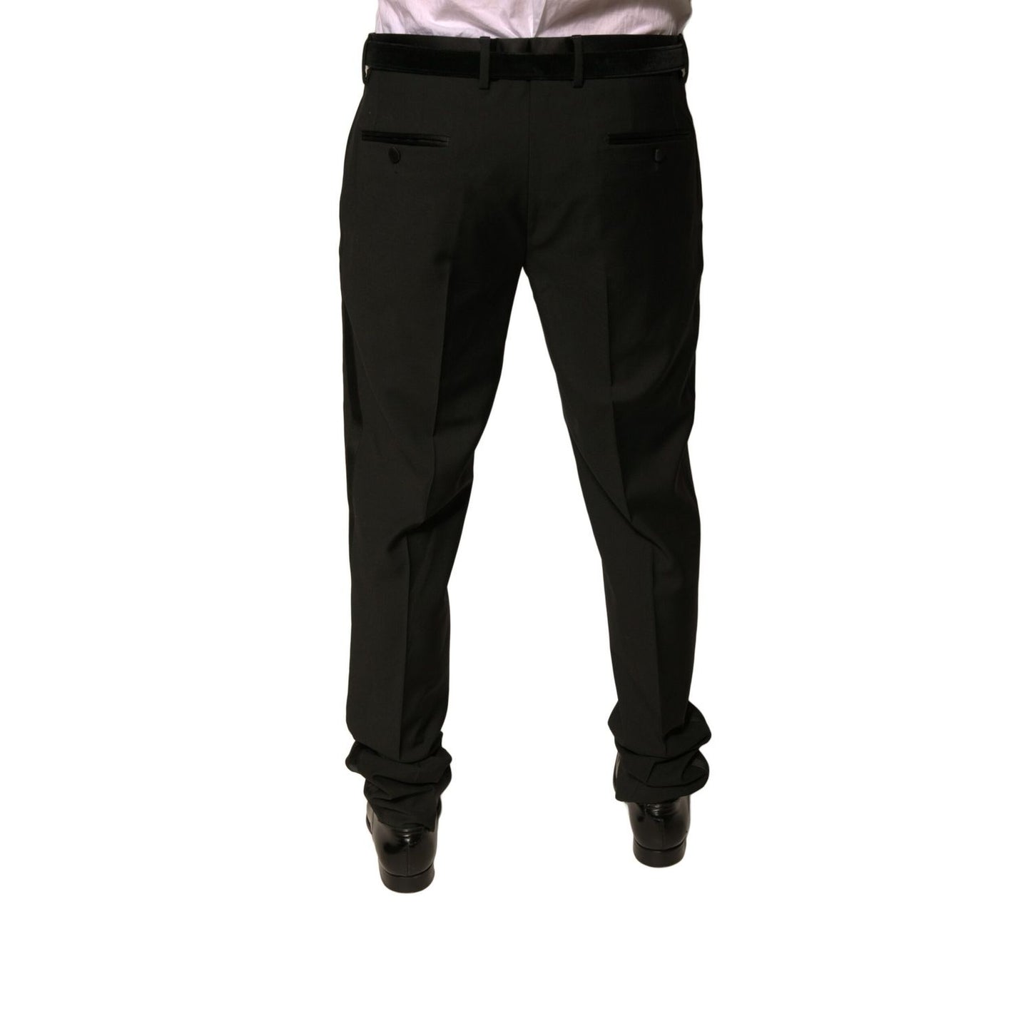 Dolce & Gabbana Black Wool Tapered Formal Dress Pants back view showcasing high craftsmanship and style.