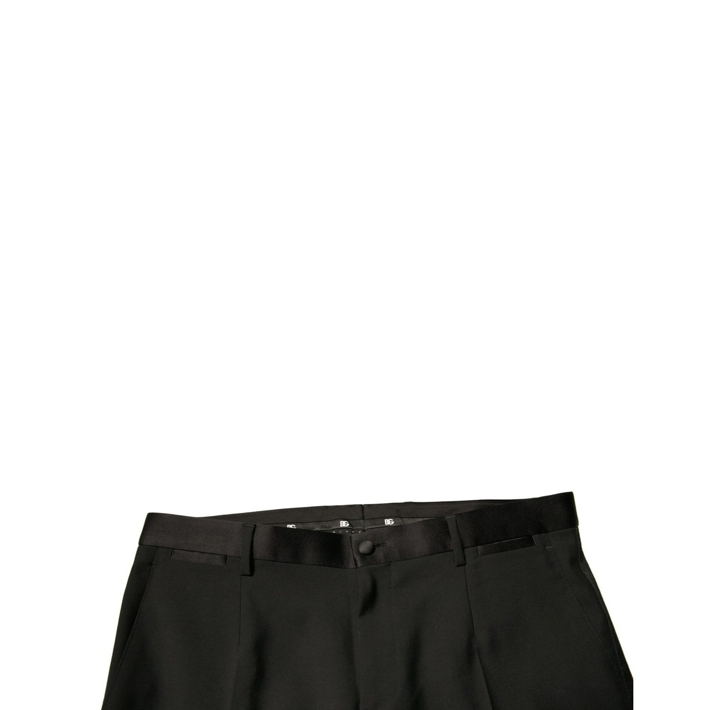 Dolce & Gabbana Black Wool Tapered Formal Dress Pants, mid waist, button and zipper closure, made in Italy with logo details.