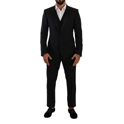 Dolce & Gabbana Black Wool Three-Piece Suit with blazer, vest, and pants in a slim fit style.