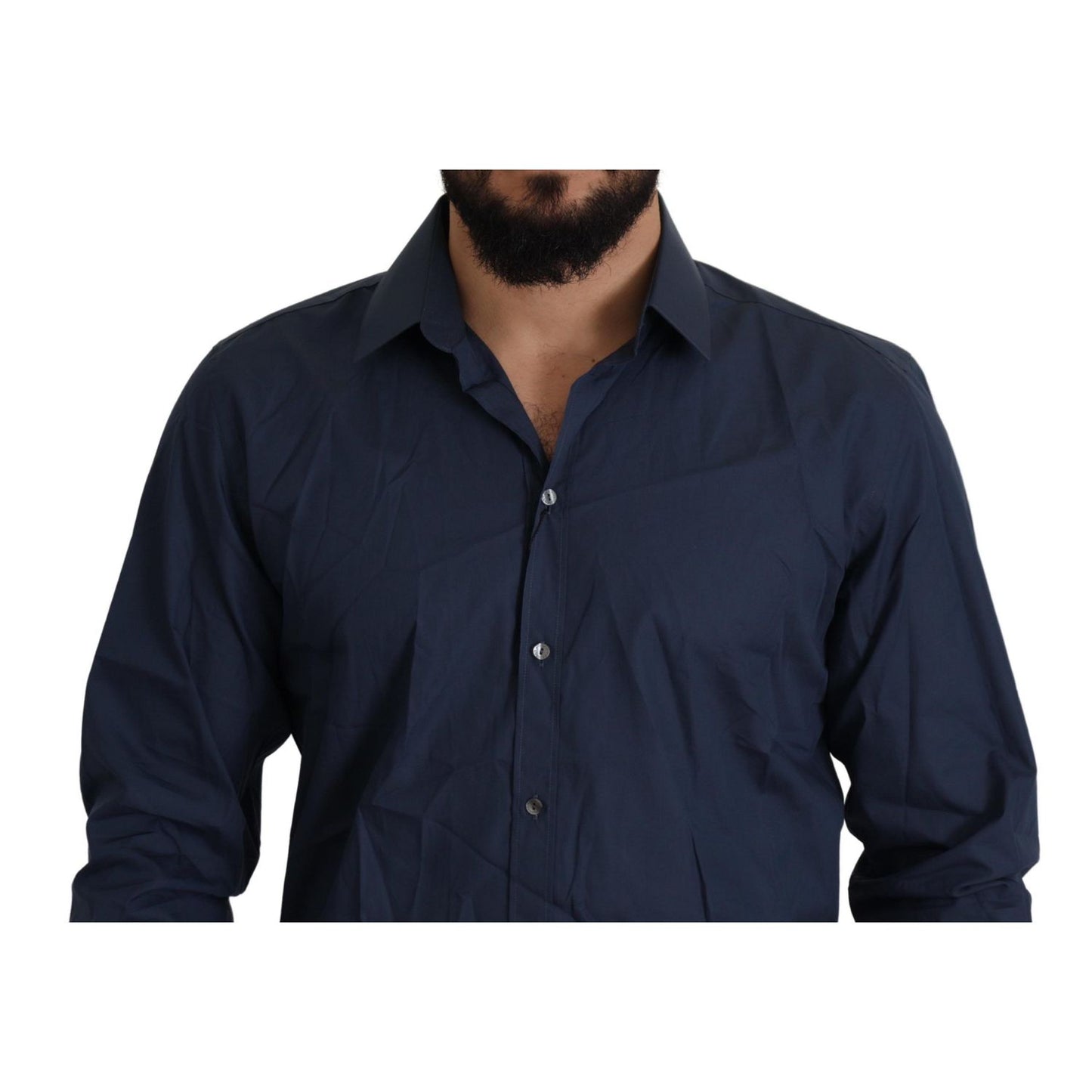 Dolce & Gabbana Blue Cotton MARTINI Slim Fit Dress Shirt with front button closure, elegant Italian design for men.