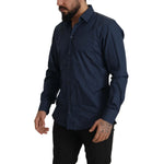 Dolce & Gabbana Blue Cotton MARTINI Slim Fit Dress Shirt on model, front view, showcasing the stylish button closure and elegant design.