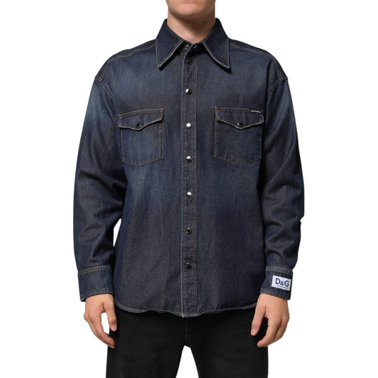 Dolce & Gabbana Blue Denim Button Casual Logo Patch Men Shirt TSH90587-37