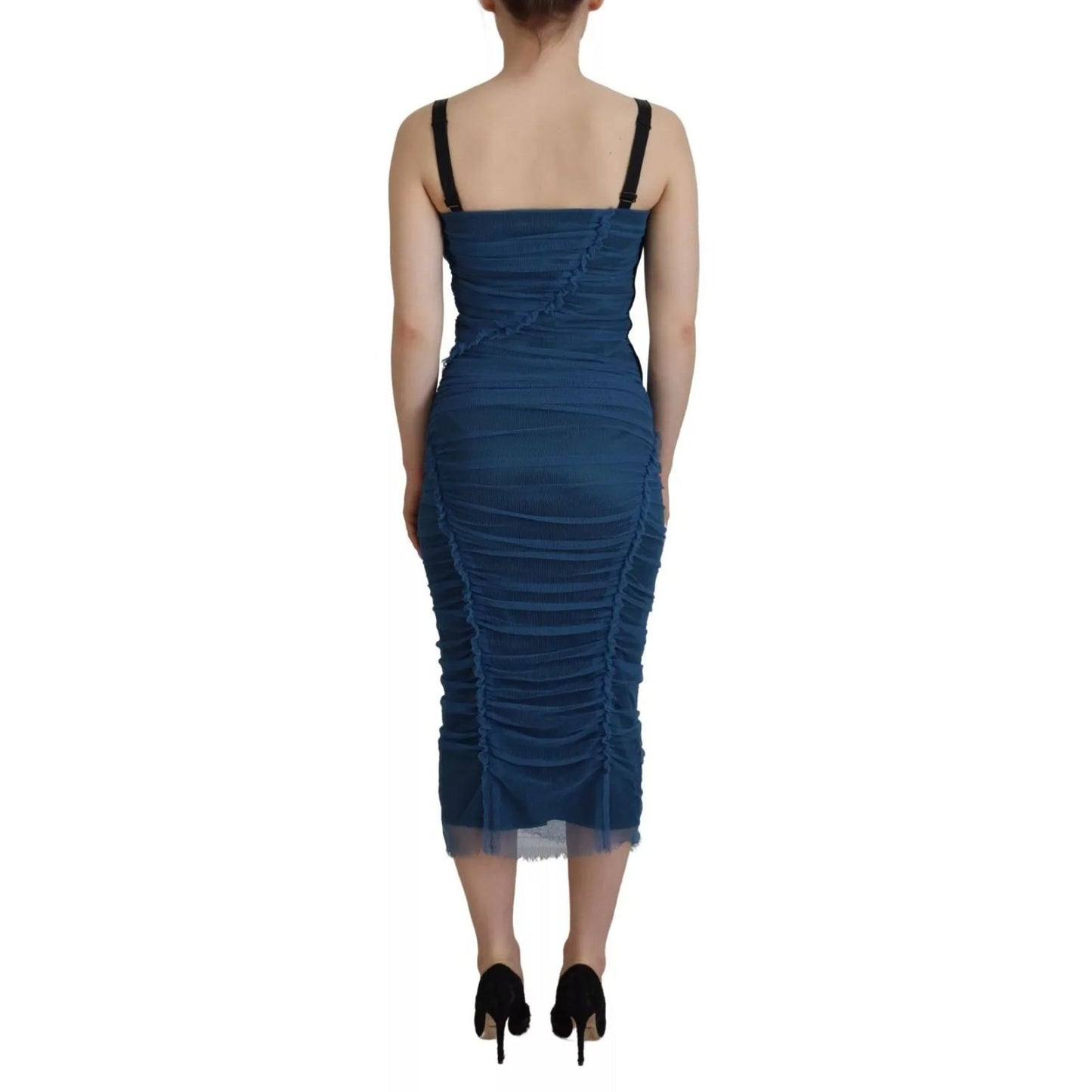 Dolce & Gabbana Blue Mesh Trim Ruched Tulle Sheath Dress