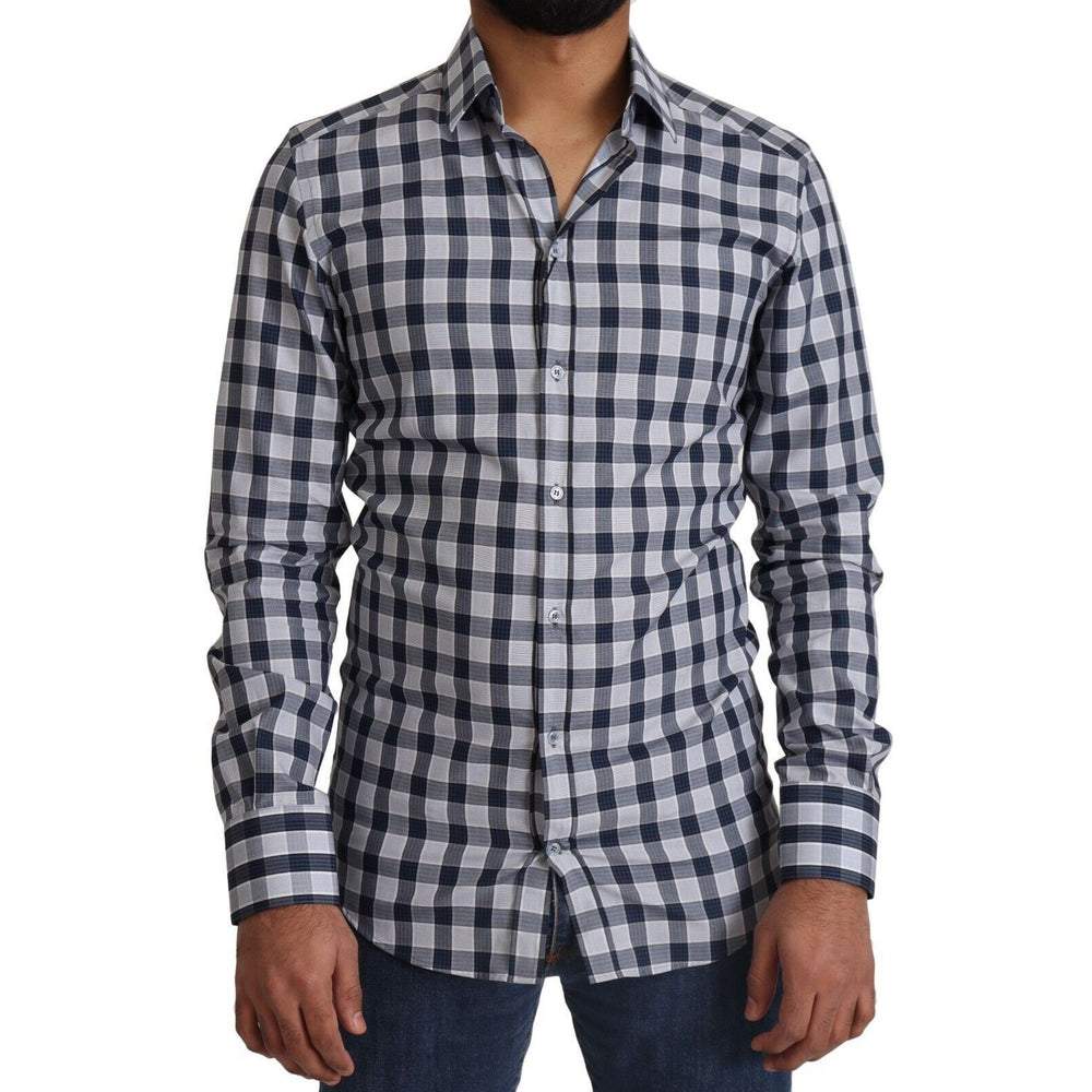 Dolce & Gabbana Blue White Check Cotton Slim Fit GOLD Shirt, 100% cotton, Italian made, with front button closure and logo details.