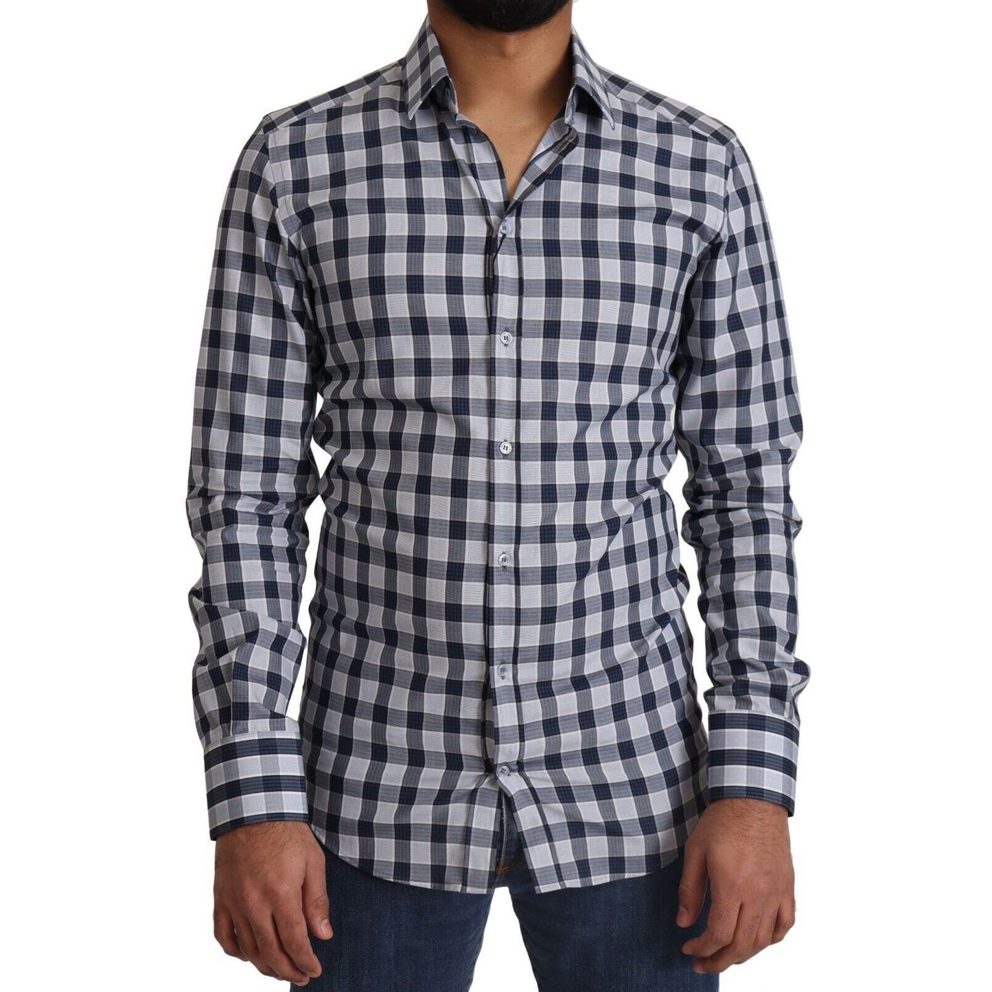 Dolce & Gabbana Blue White Check Cotton Slim Fit GOLD Shirt, 100% cotton, Italian made, with front button closure and logo details.