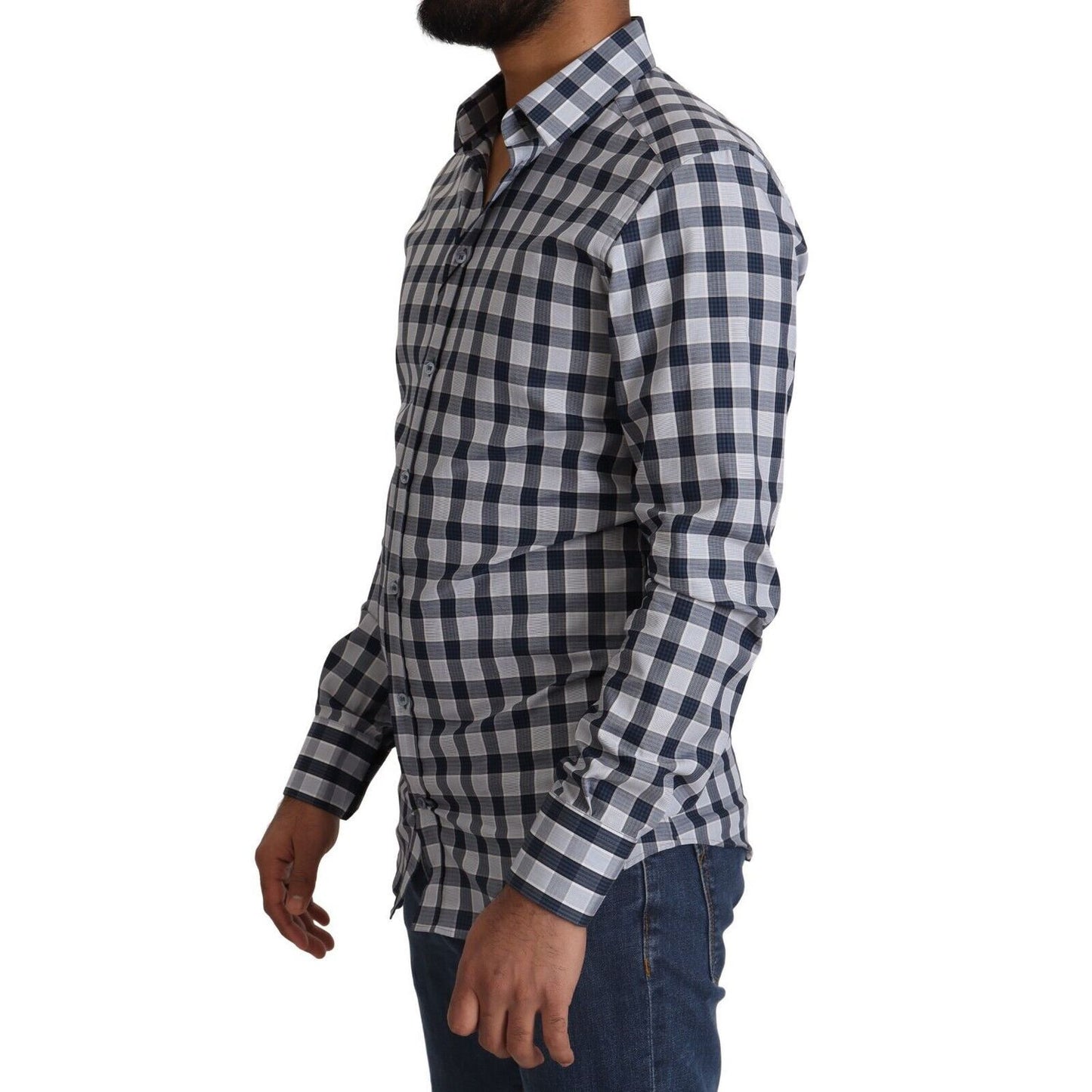 Dolce & Gabbana Blue White Check Cotton Slim Fit GOLD Shirt on model, side view.