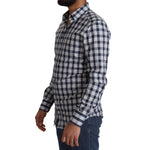 Dolce & Gabbana Blue White Check Cotton Slim Fit GOLD Shirt on model, side view.