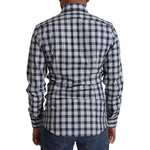 Rear view of Dolce & Gabbana Blue White Check Cotton Slim Fit GOLD Shirt on a model, showcasing the stylish checkered design.