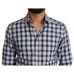Dolce & Gabbana Blue White Check Cotton Slim Fit GOLD Shirt, 100% cotton, made in Italy, with logo details, front button closure.