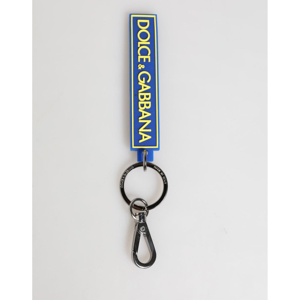 Dolce & Gabbana Blue Yellow DG Rubber Logo Silver Men's Holder Keyring with engraved metal hardware, made in Italy