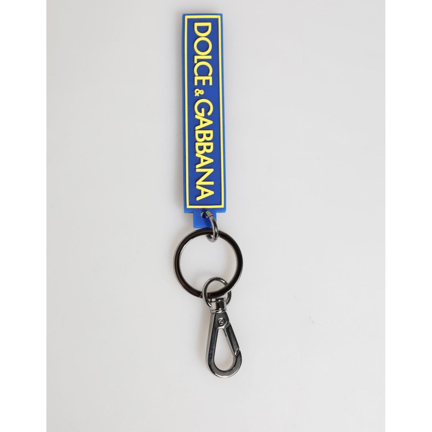 Dolce & Gabbana Blue Yellow DG Rubber Logo Silver Men's Holder Keyring with brass ring and logo engraved metal hardware.