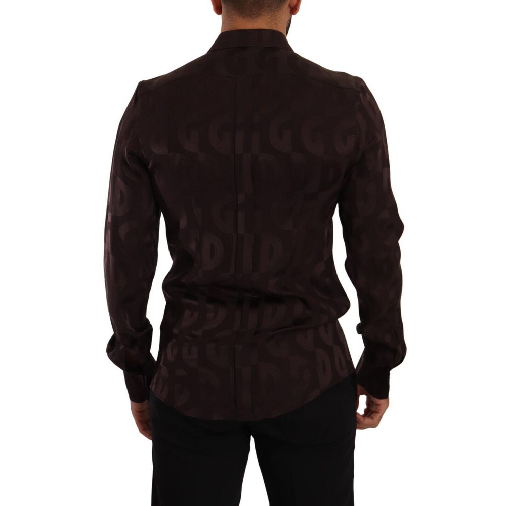 Dolce & Gabbana Bordeaux Silk Dress Shirt - back view of 100% authentic silk shirt with logo print, button-down closure, made in Italy.