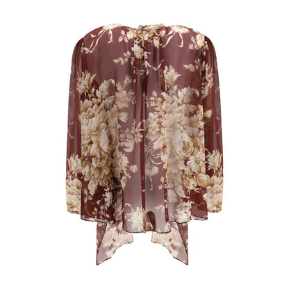 Dolce & Gabbana Bordeaux Silk Pattern Shirt with floral chiffon, delicate scarf, elastic sleeves, and elegant drop opening for AW25.