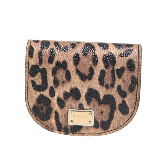 Dolce & Gabbana Brown Black Calf Leather Leopard Print Logo Plaque Wallet with gold-tone logo plaque and snap button closure.