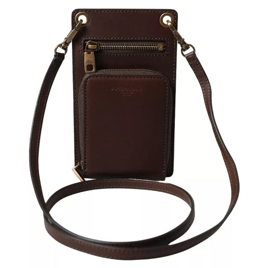 Dolce & Gabbana Brown Calf Leather Zip Logo Shoulder Neck Strap Wallet SMY201300
