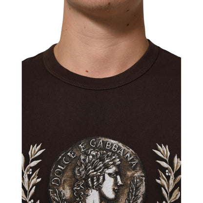 Dolce & Gabbana Brown Coin Laurel Print Men Crew Neck T-shirt