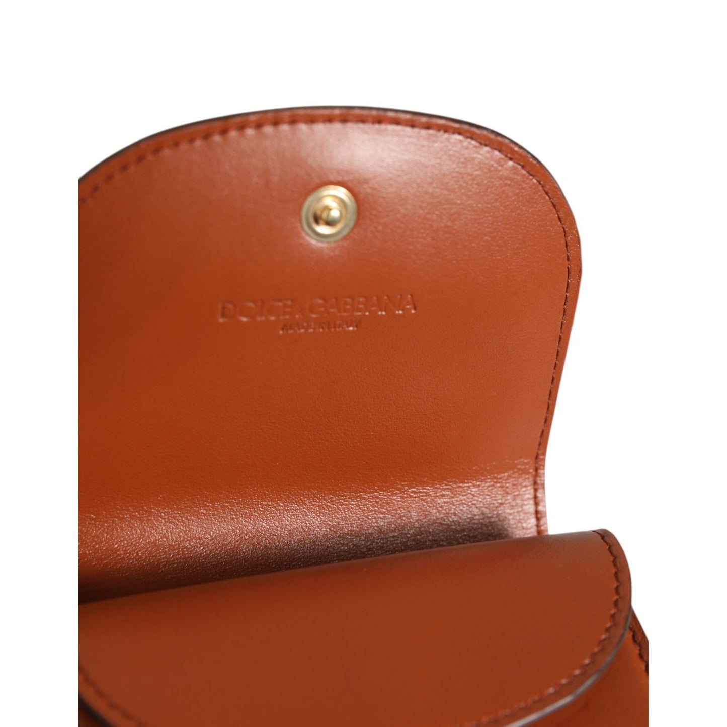 Interior view of Dolce & Gabbana Brown Leopard Print Calf Leather Small Coin Purse Wallet showing brown leather lining and snap closure.