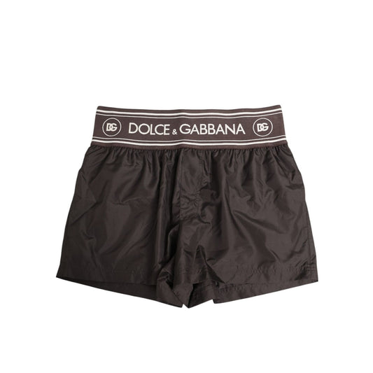 Dolce & Gabbana Brown Polyester Logo Elastic Waistband Swimwear