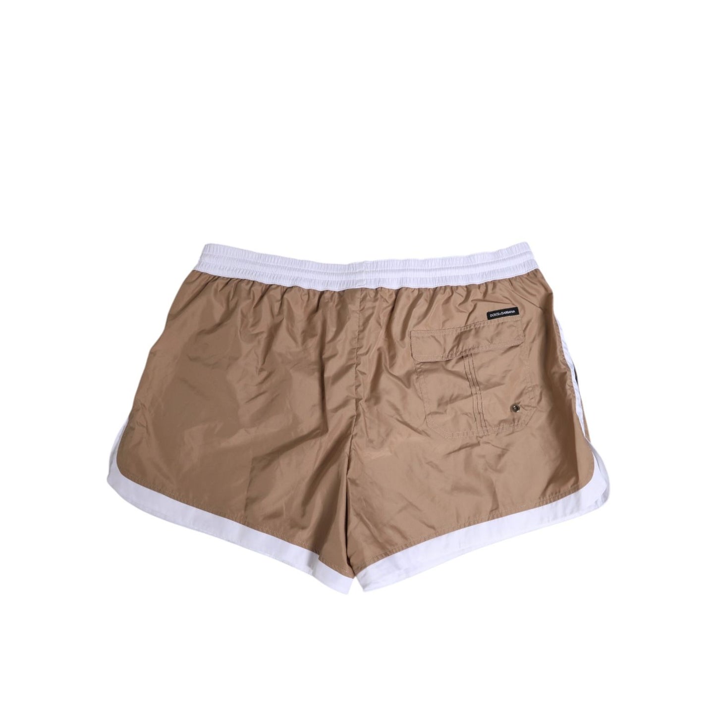 Dolce & Gabbana Brown White Polyester Re-Edition Shorts Swimwear with logo drawstring and white trim, back view.