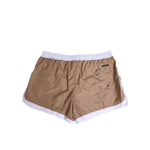 Dolce & Gabbana Brown White Polyester Re-Edition Shorts Swimwear with logo drawstring and white trim, back view.