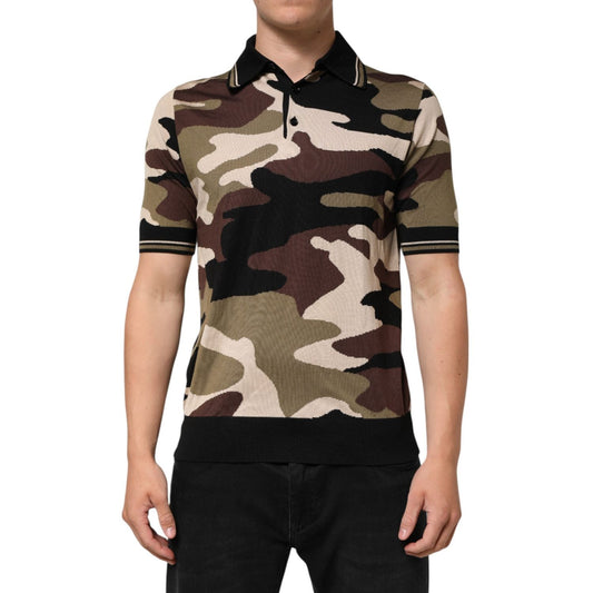 Dolce & Gabbana Camouflage Brown Silk Military Polo T-shirt THS91066-48