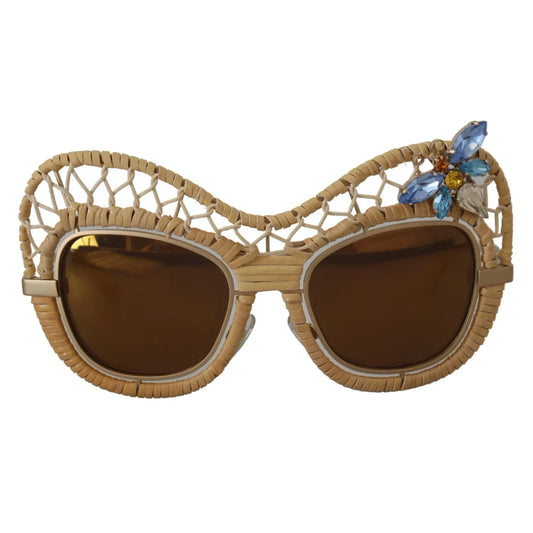 Dolce & Gabbana DG2159B Beige Gold Straw Butterfly Crystals Sunglasses with brown lenses, UV protection, and floral design. Made in Italy.