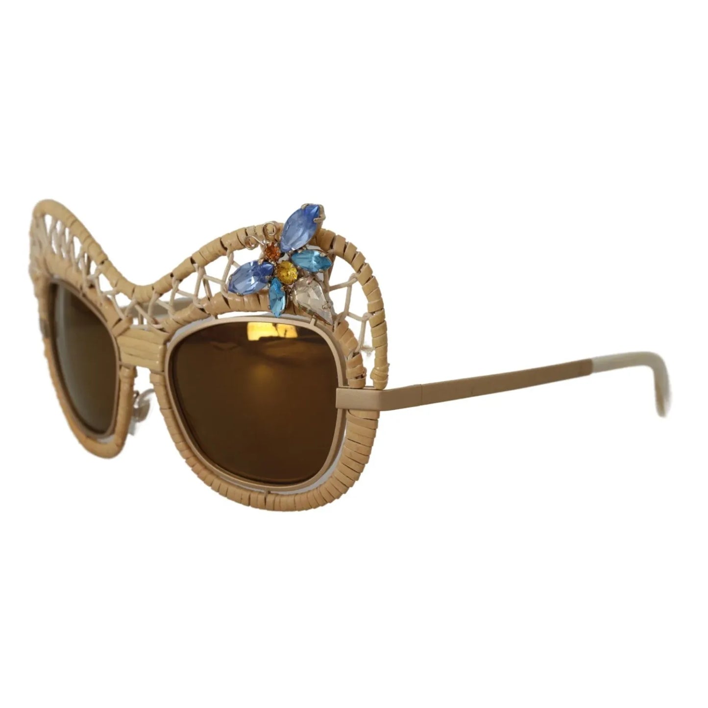Dolce & Gabbana DG2159B Beige Gold Straw Butterfly Crystals Sunglasses with brown lenses and 100% UV protection.