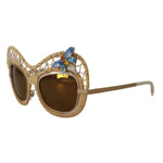 Dolce & Gabbana DG2159B Beige Gold Straw Butterfly Crystals Sunglasses with brown lenses and 100% UV protection.