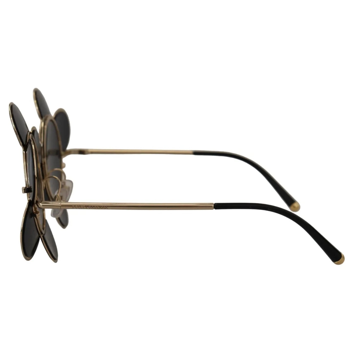 Side view of Dolce & Gabbana DG2201 Black Lens Gold Frame LIMITED EDITION Sunglasses showcasing metal design and black lenses.