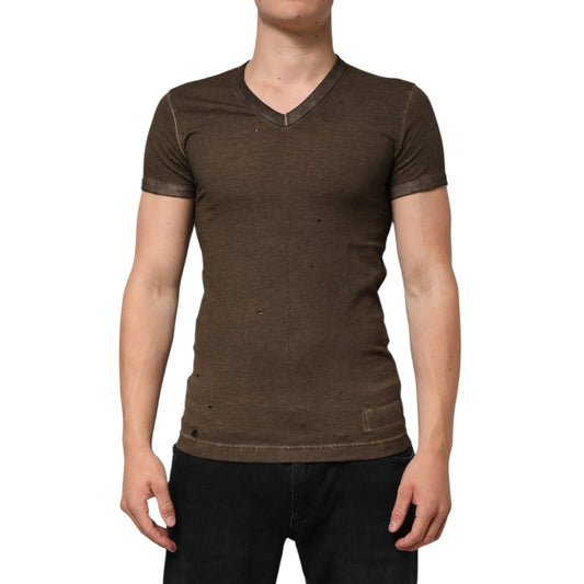 Dolce & Gabbana Dark Brown Cotton Tattered Logo Men T-shirt TSH90558-44