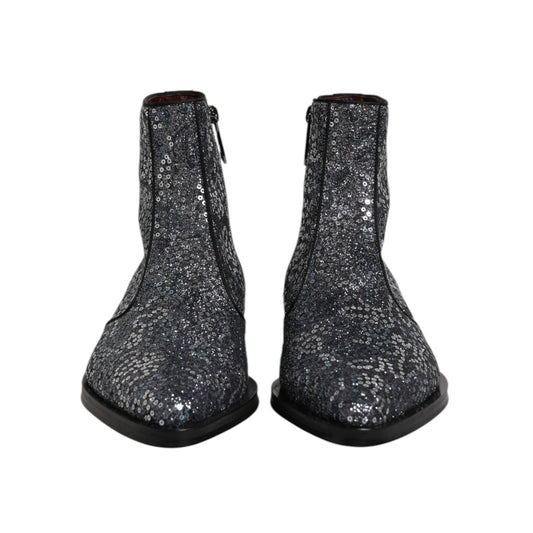 Dolce & Gabbana Dark Gray Cotton Sequined Chelsea Boots Shoes MV7604-41