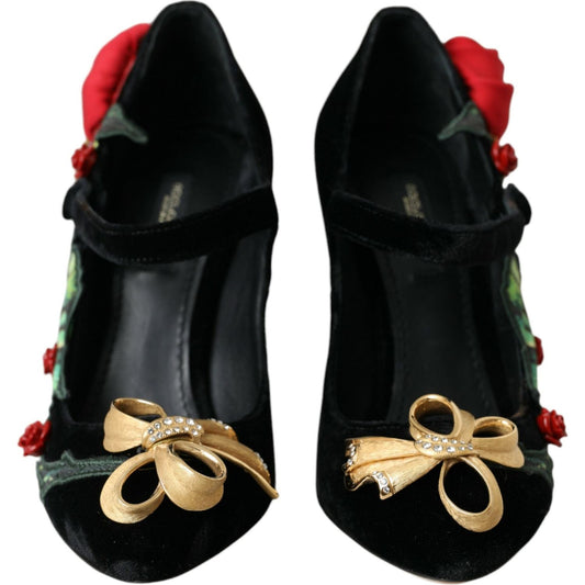 Dolce & Gabbana Black Roses Crystal Brooch Mary Jane Shoes LA10953-36