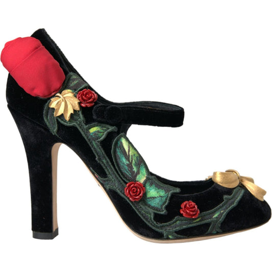 Dolce & Gabbana Black Roses Crystal Brooch Mary Jane Shoes LA10953-36