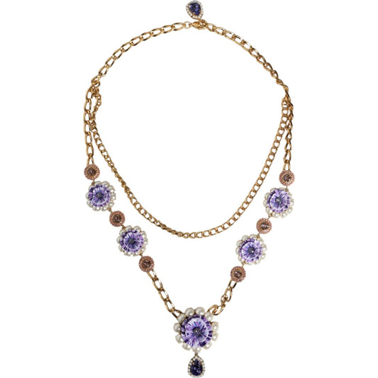 Dolce & Gabbana Gold Tone Floral Crystals Embellished Layered Necklace SMY10392