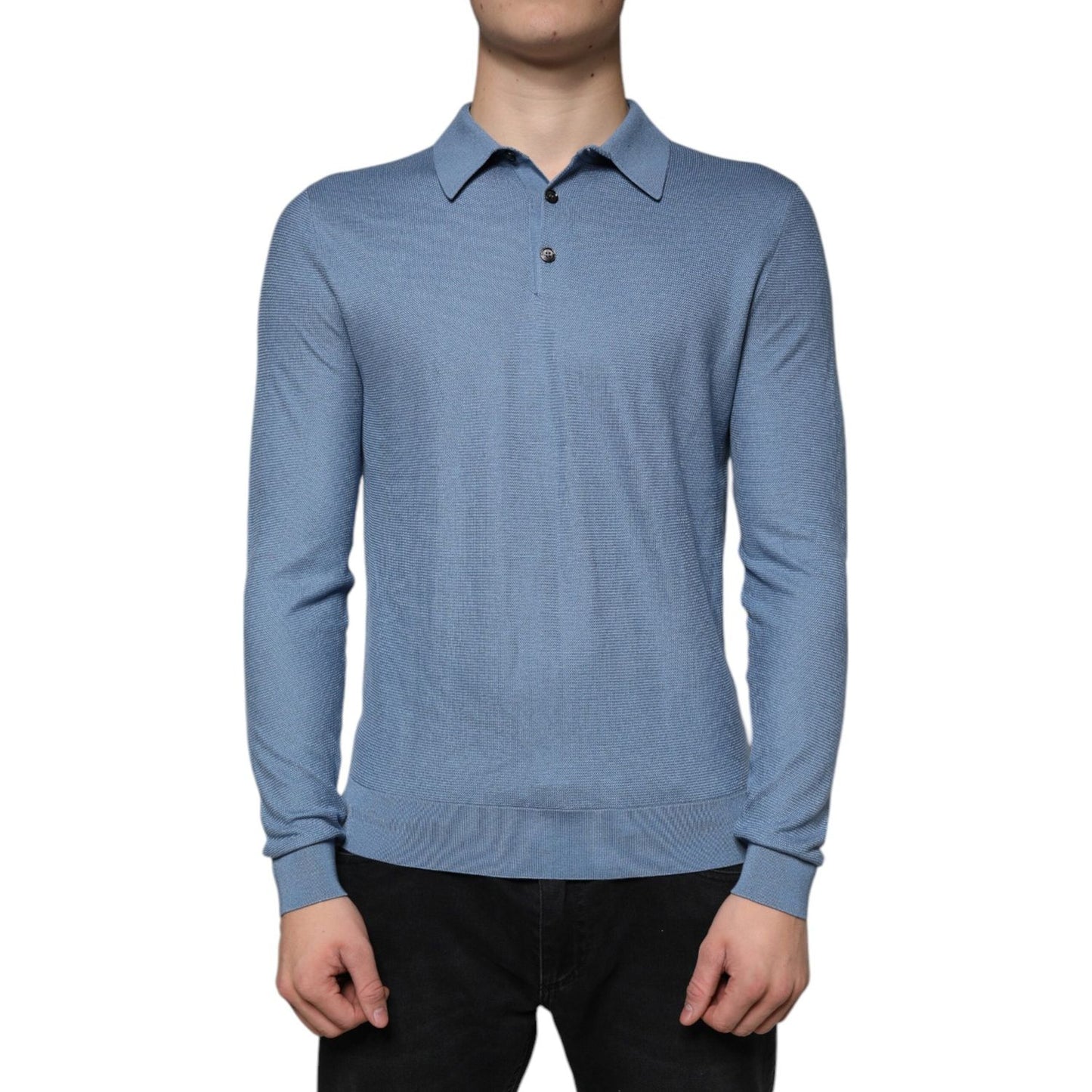 Dolce & Gabbana Sky Blue Silk Collared Men Pullover Sweater TSH87082-48