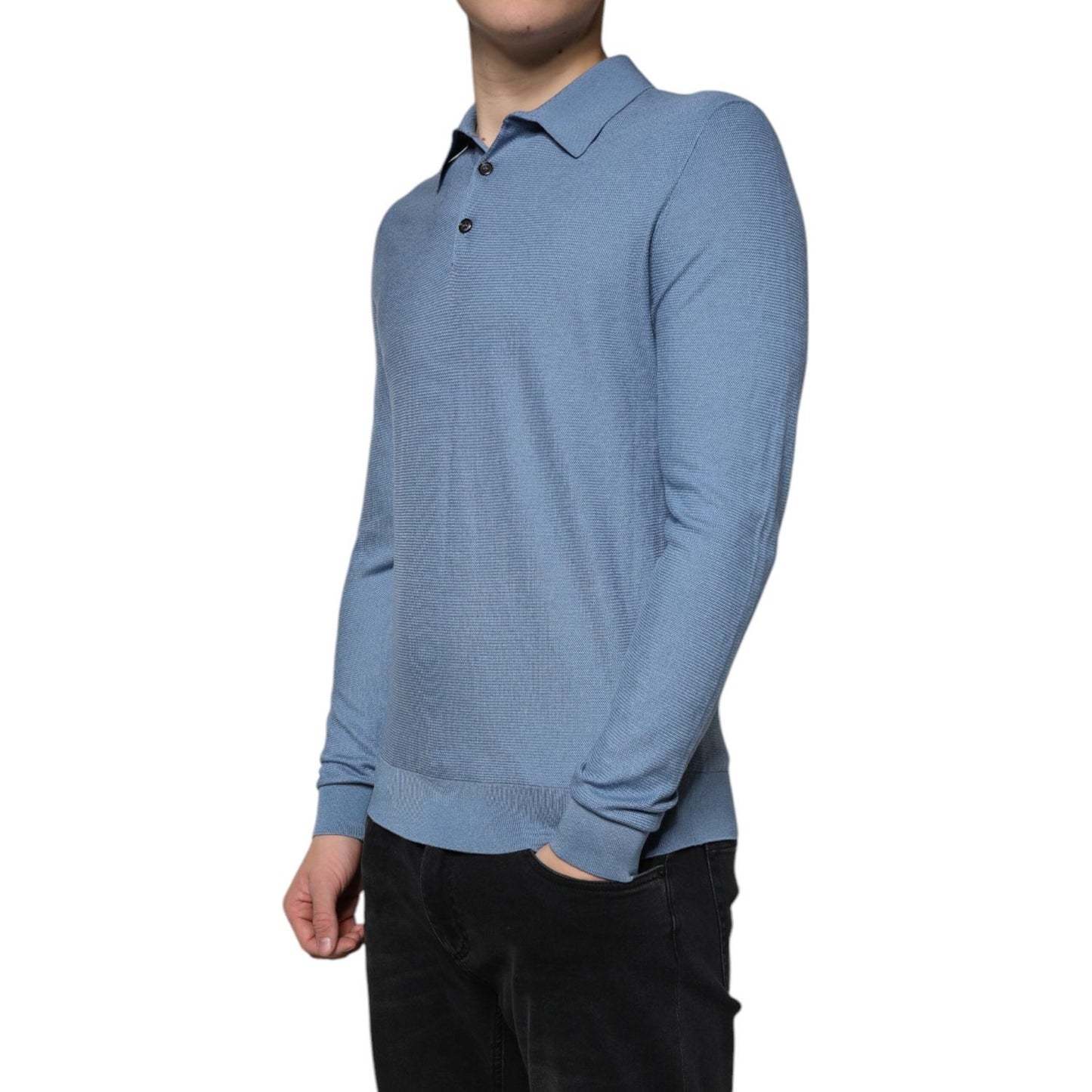 Dolce & Gabbana Sky Blue Silk Collared Men Pullover Sweater TSH87082-48