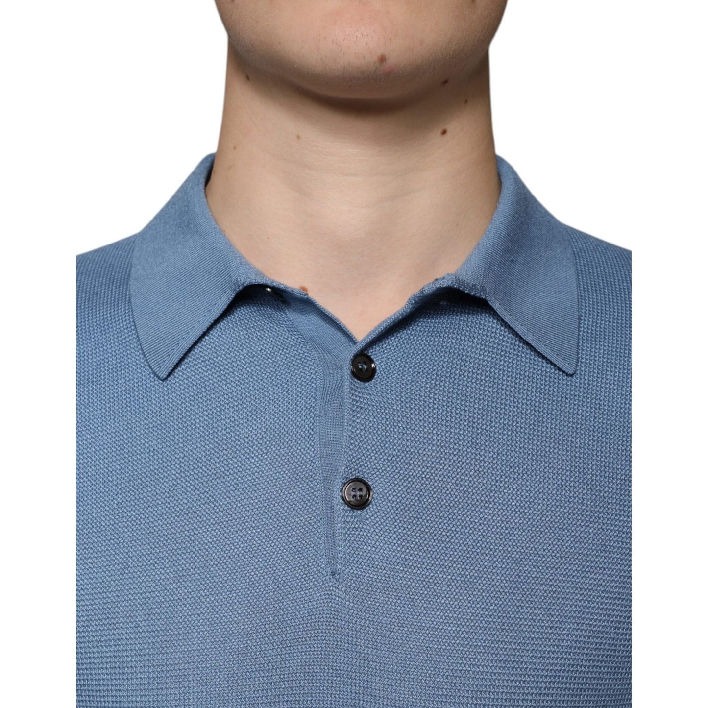 Dolce & Gabbana Sky Blue Silk Collared Men Pullover Sweater TSH87082-48