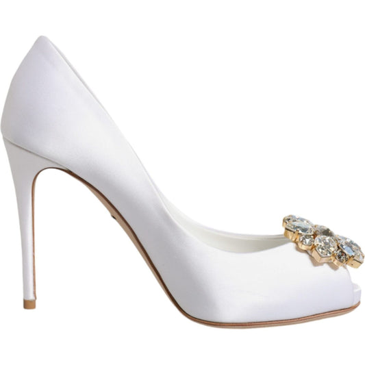 Dolce & Gabbana White Crystals Peep Toe Satin Pumps Shoes LA11803-35.5