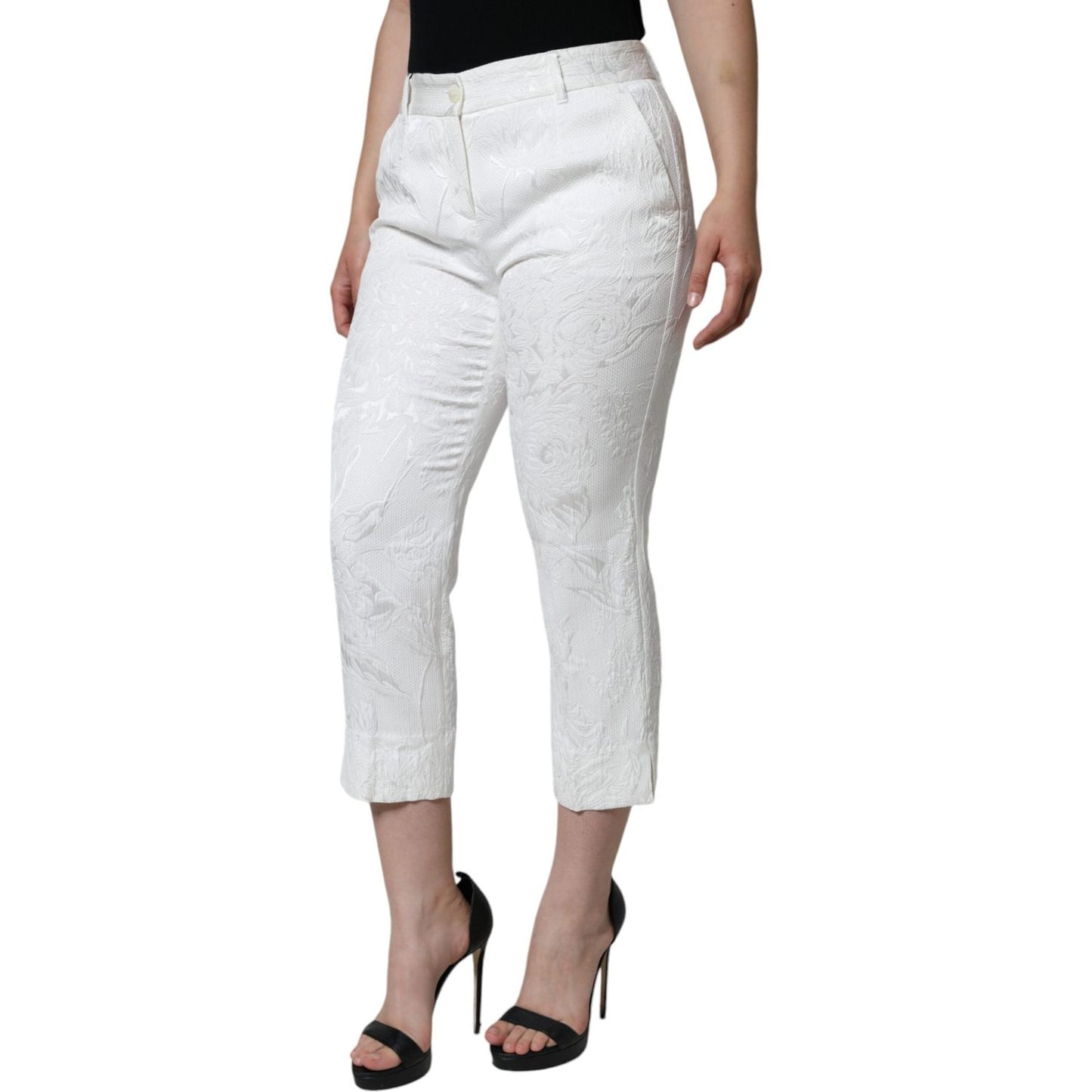 Dolce & Gabbana White Floral Brocade Cotton Cropped Pants PAN75575-40