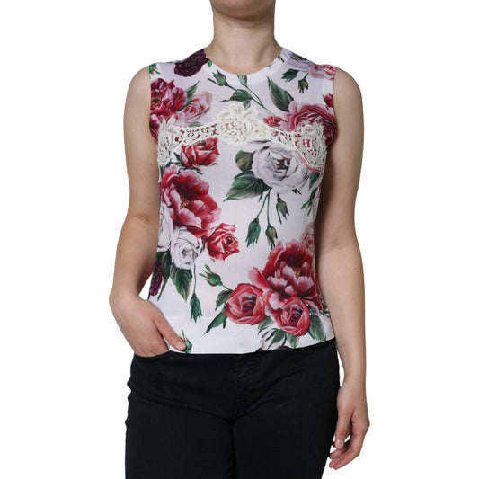 Dolce & Gabbana White Floral Lace Silk Sleeveless Tank Top TSH86580-40