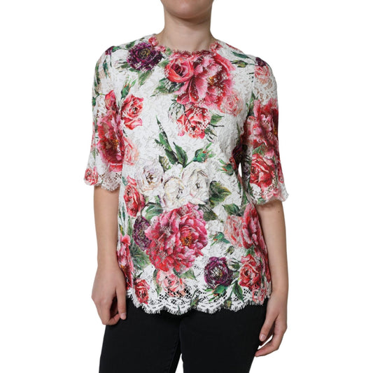 Dolce & Gabbana White Peony Lace Short Sleeves Blouse Top TSH86567-36
