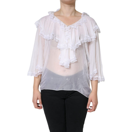 Dolce & Gabbana White Ruffles Lace Long Sleeve Blouse Top TSH86561-44