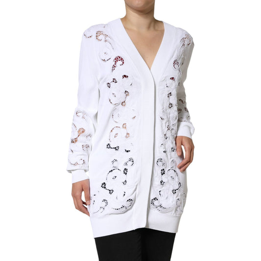 Dolce & Gabbana White Viscose Floral Cut Out Cardigan Sweater JKT4118-44