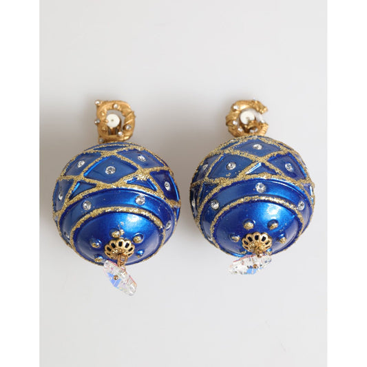 Dolce & Gabbana Gold Brass Blue Christmas Ball Crystal Drop Clip On Earrings with gold glitter and crystal embellishments.